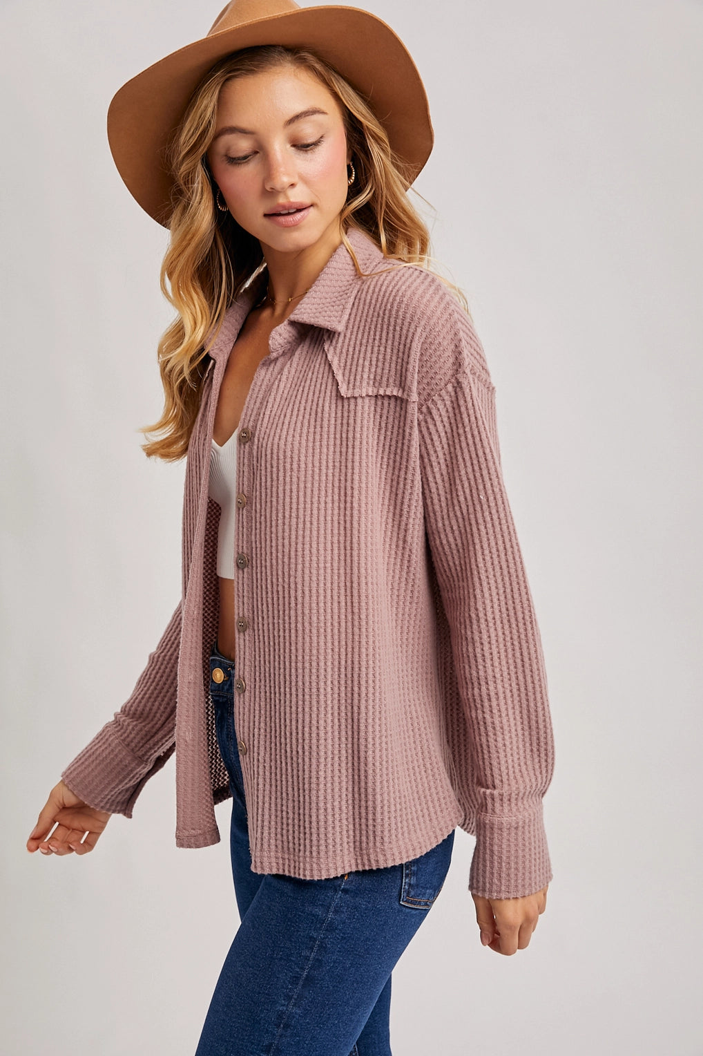Brushed Waffle Button Up | Mauve