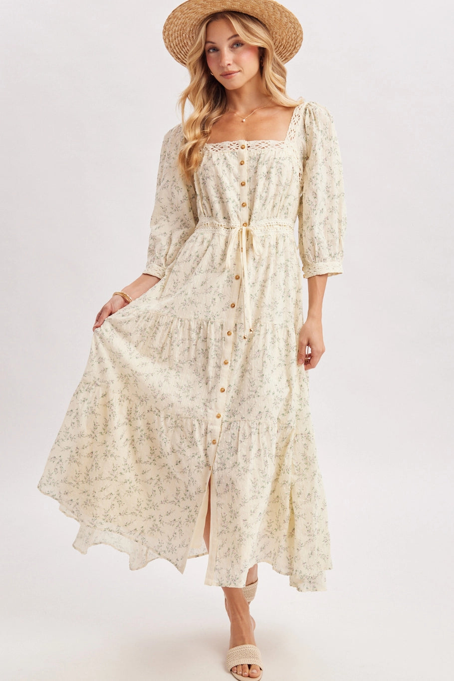 Floral Print Lace Trimmed Square Neck Maxi Dress