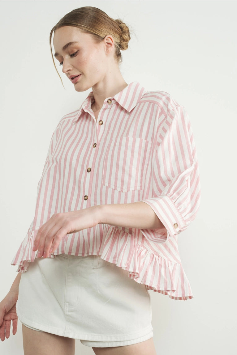 Stripe Ruffle Hem Shirt | Pink