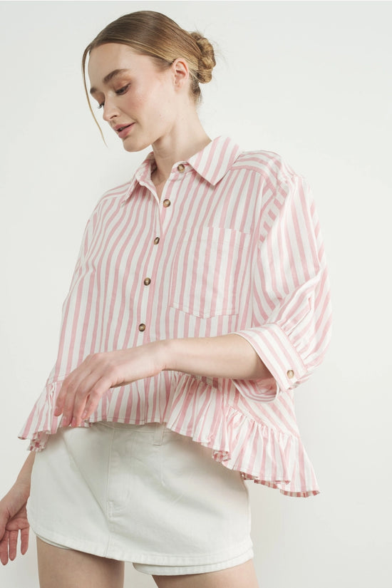 Stripe Ruffle Hem Shirt | Pink