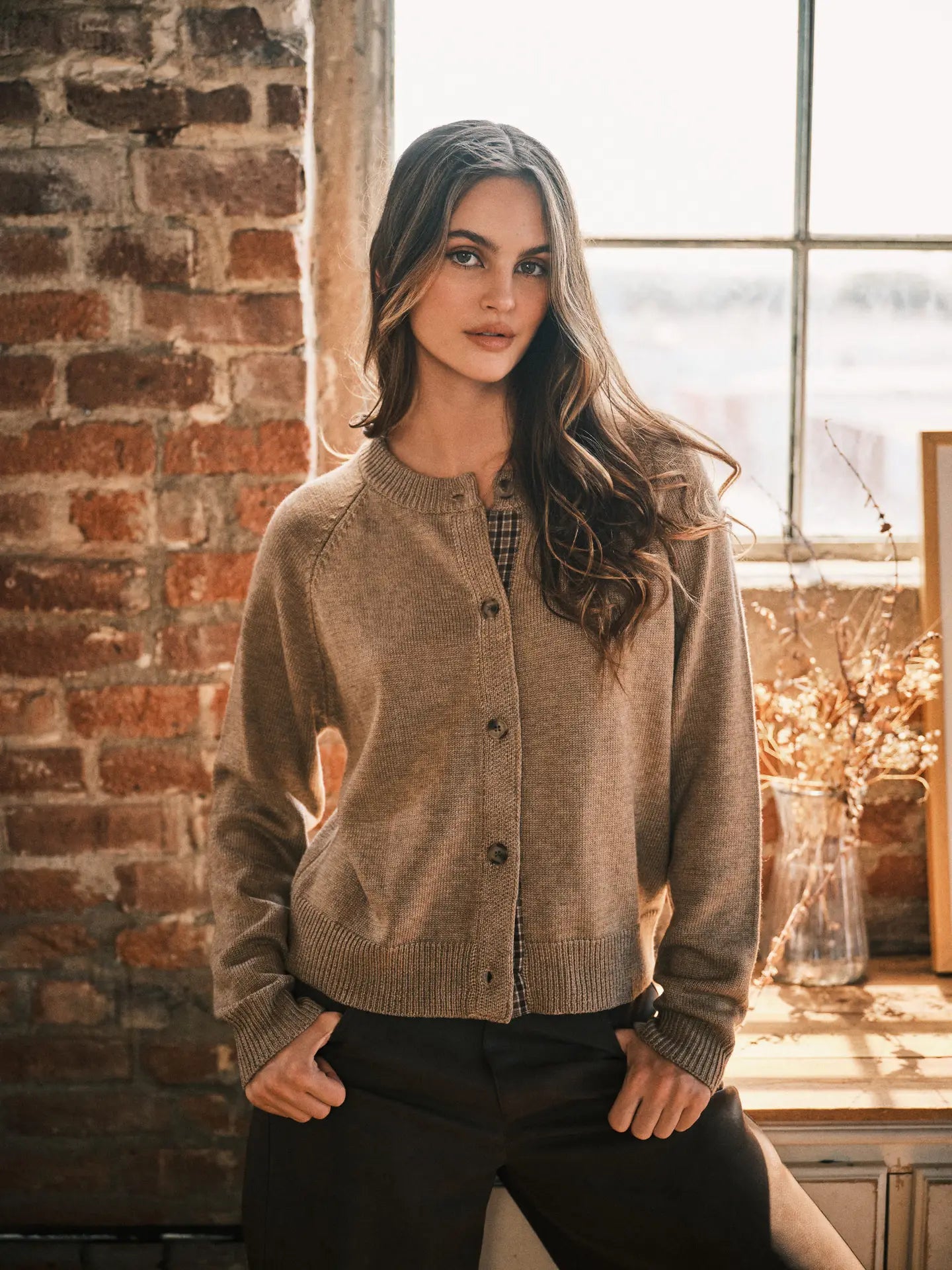 Wool Plaid Detail Sweater Cardigan