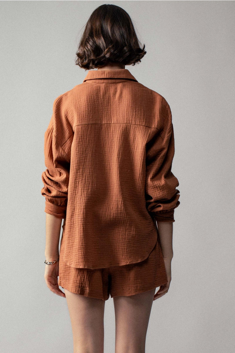 Crinkle Cotton Button-Up Top