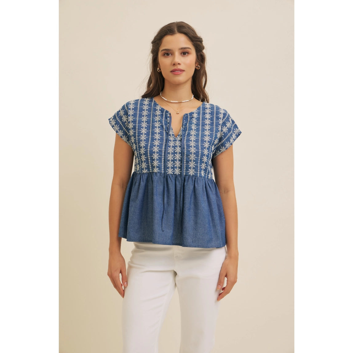 Embroidered Babydoll Denim Blouse