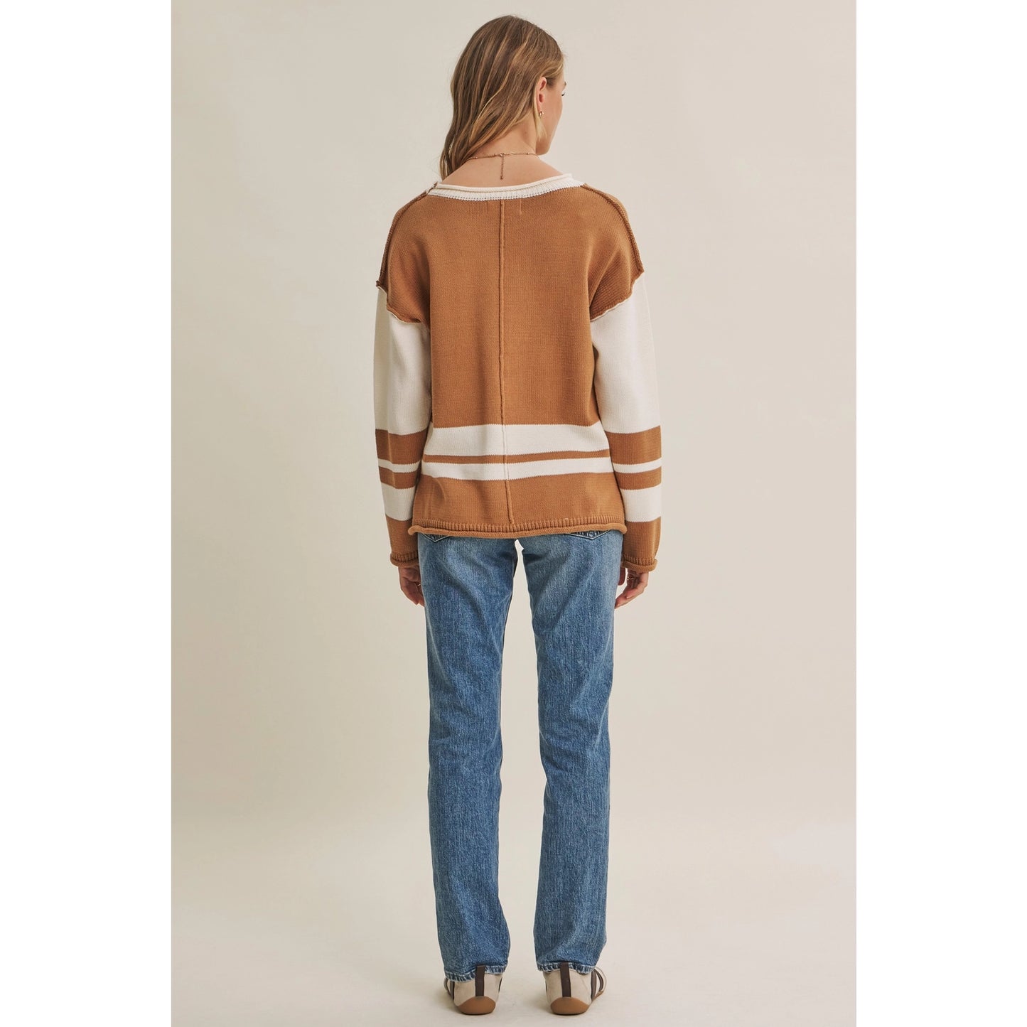 Varsity Stripe Relaxed Sweater | Camel