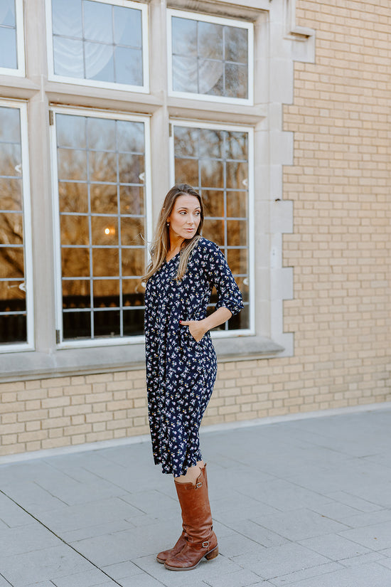 Long Sleeve Tier Dress - Navy Floral
