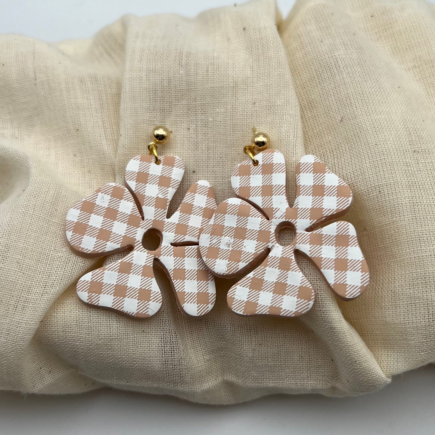 Peach Checkered Flower Earrings