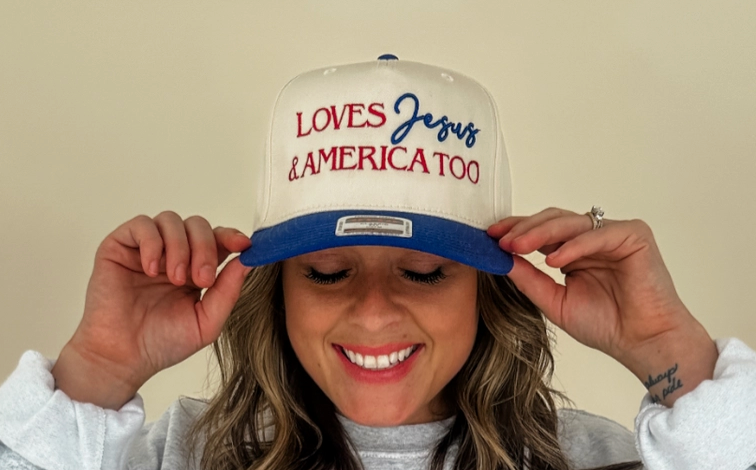 Loves Jesus & America Too Embroidered Trucker Hat