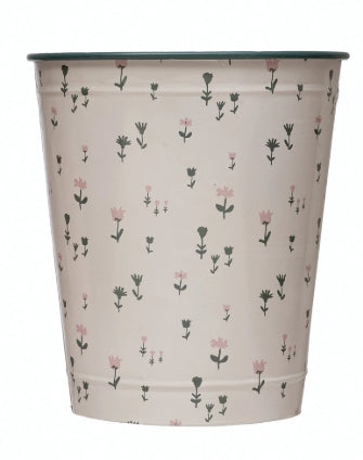 White Floral Print Metal Bucket