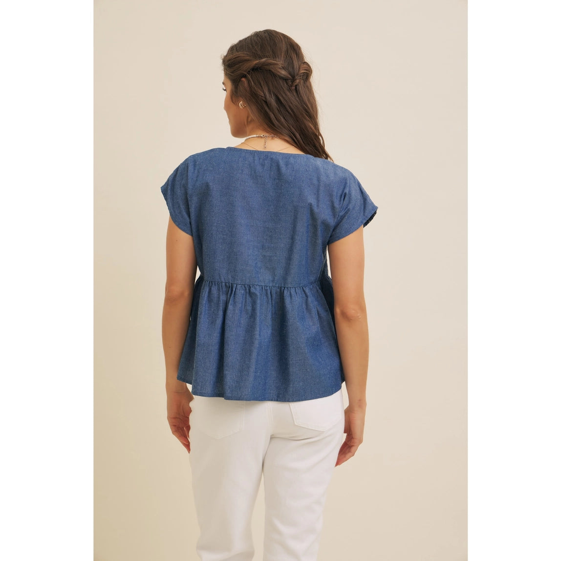 Embroidered Babydoll Denim Blouse