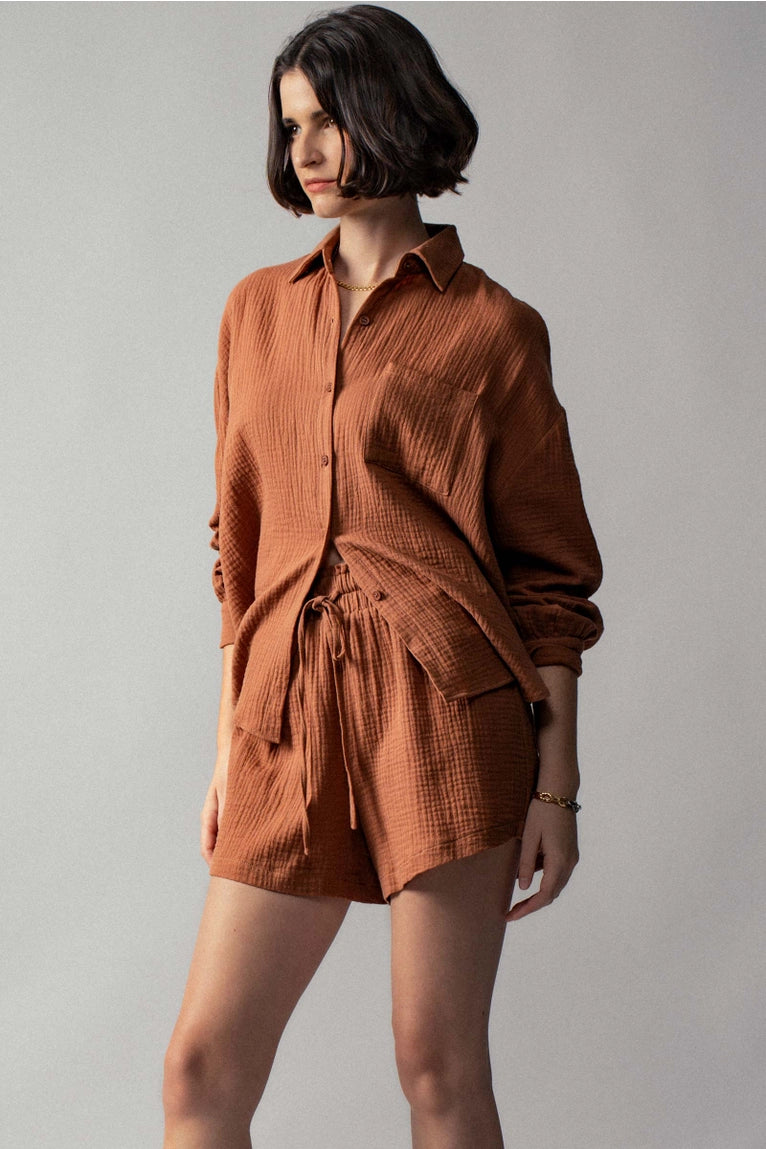 Crinkle Cotton Button-Up Top
