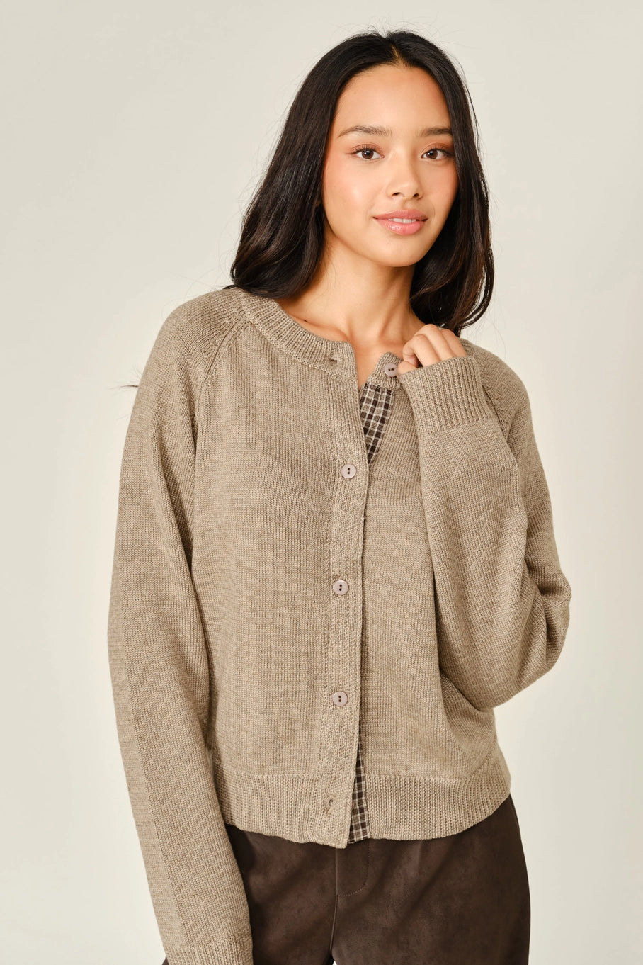 Wool Plaid Detail Sweater Cardigan