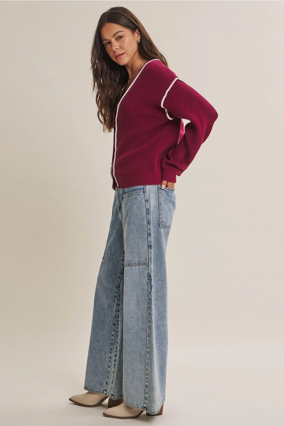 Contrast Stitch Button-Down Cardigan | Burgundy