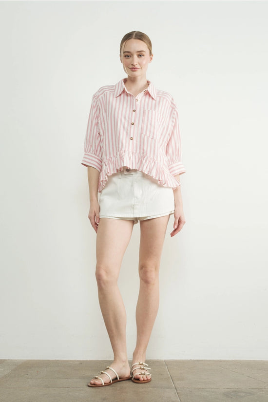 Stripe Ruffle Hem Shirt | Pink