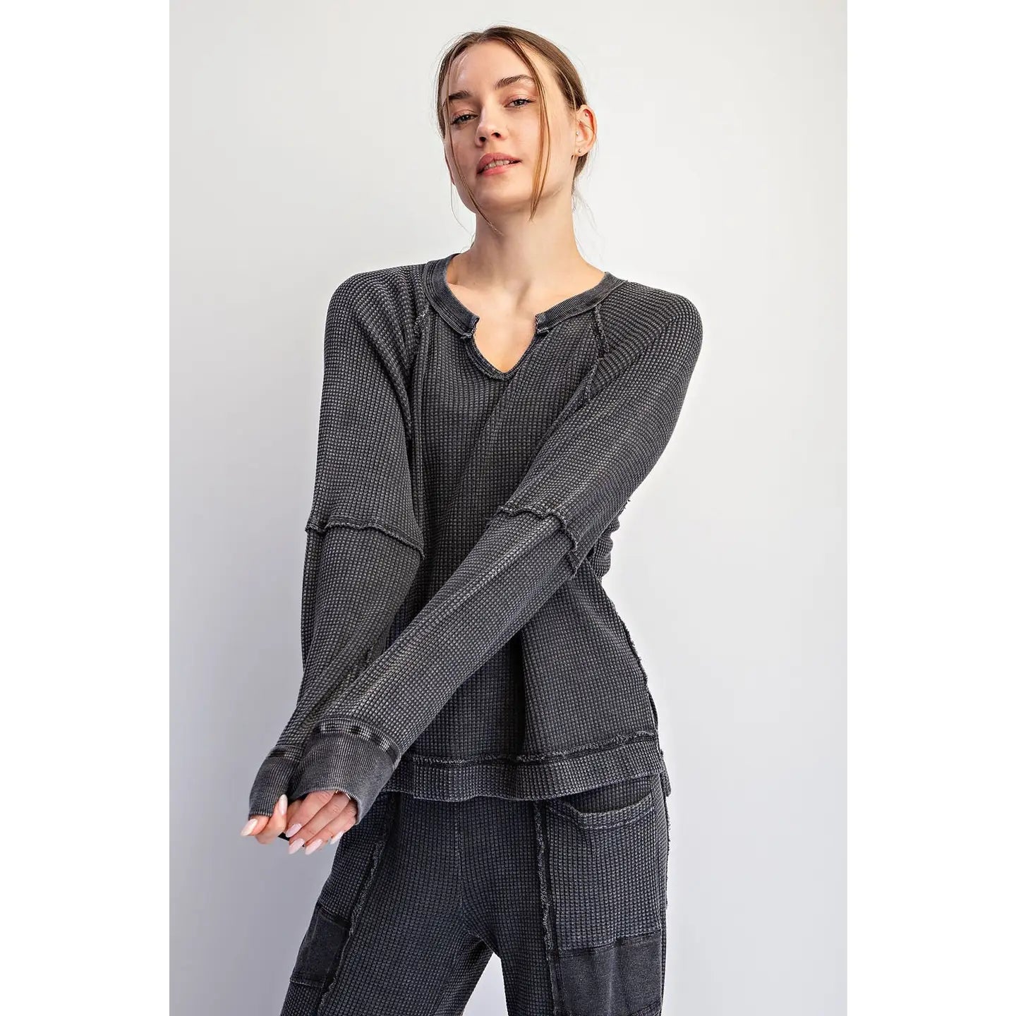 Mineral Washed Waffle Raglan Long Sleeve Top