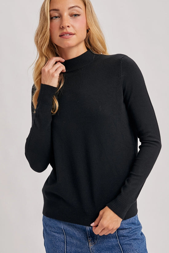 Ribbed Trim Mock Neck Knit Top | Black