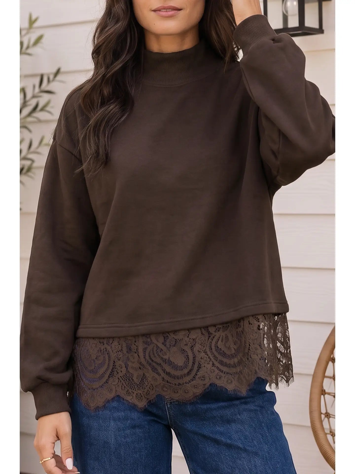Chocolate Brown Mock Neck With Lace Hem