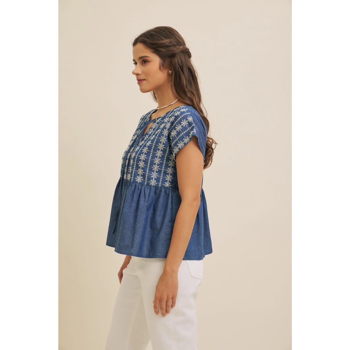 Embroidered Babydoll Denim Blouse