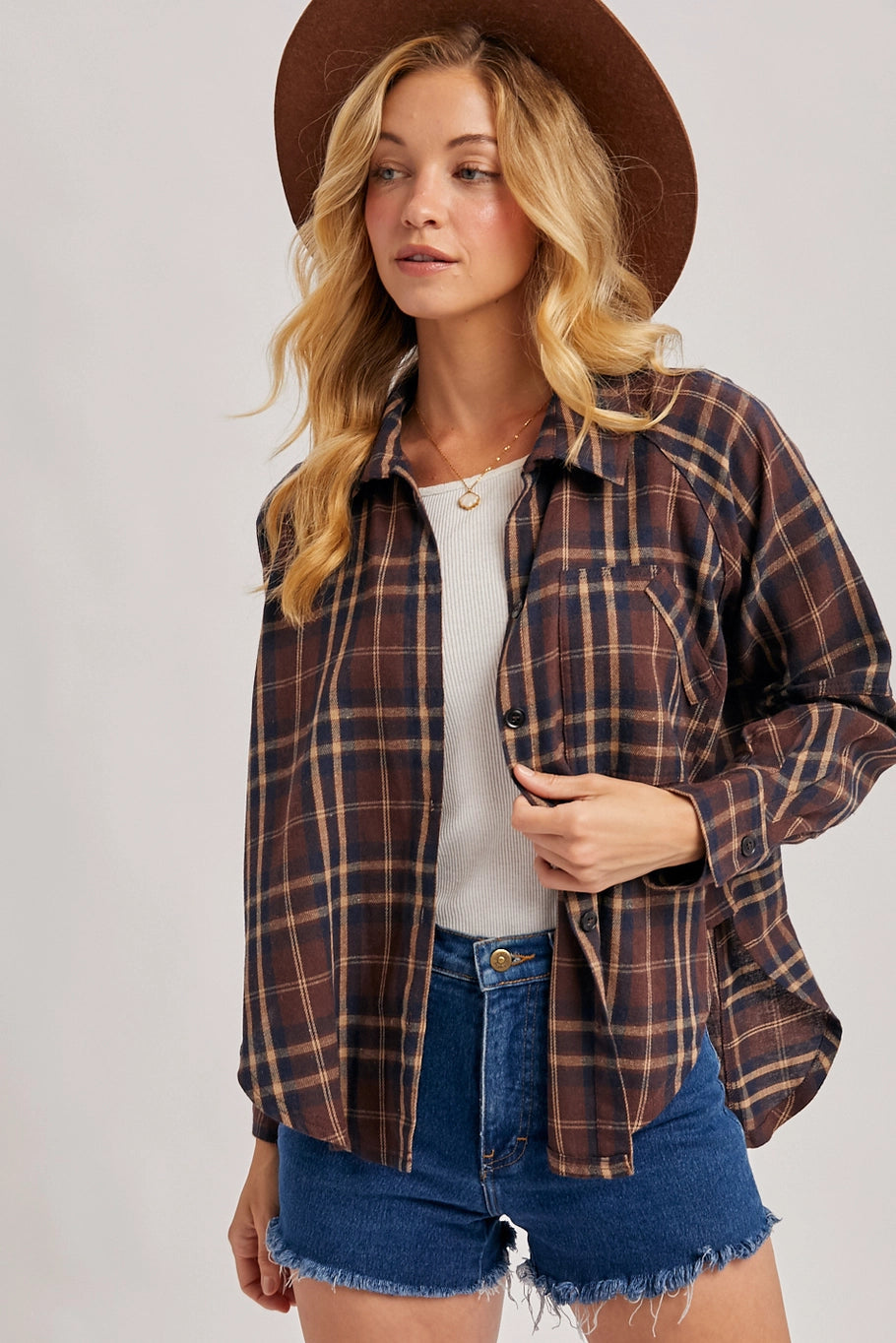 Button Down Dolphin Hem Plaid Shirt