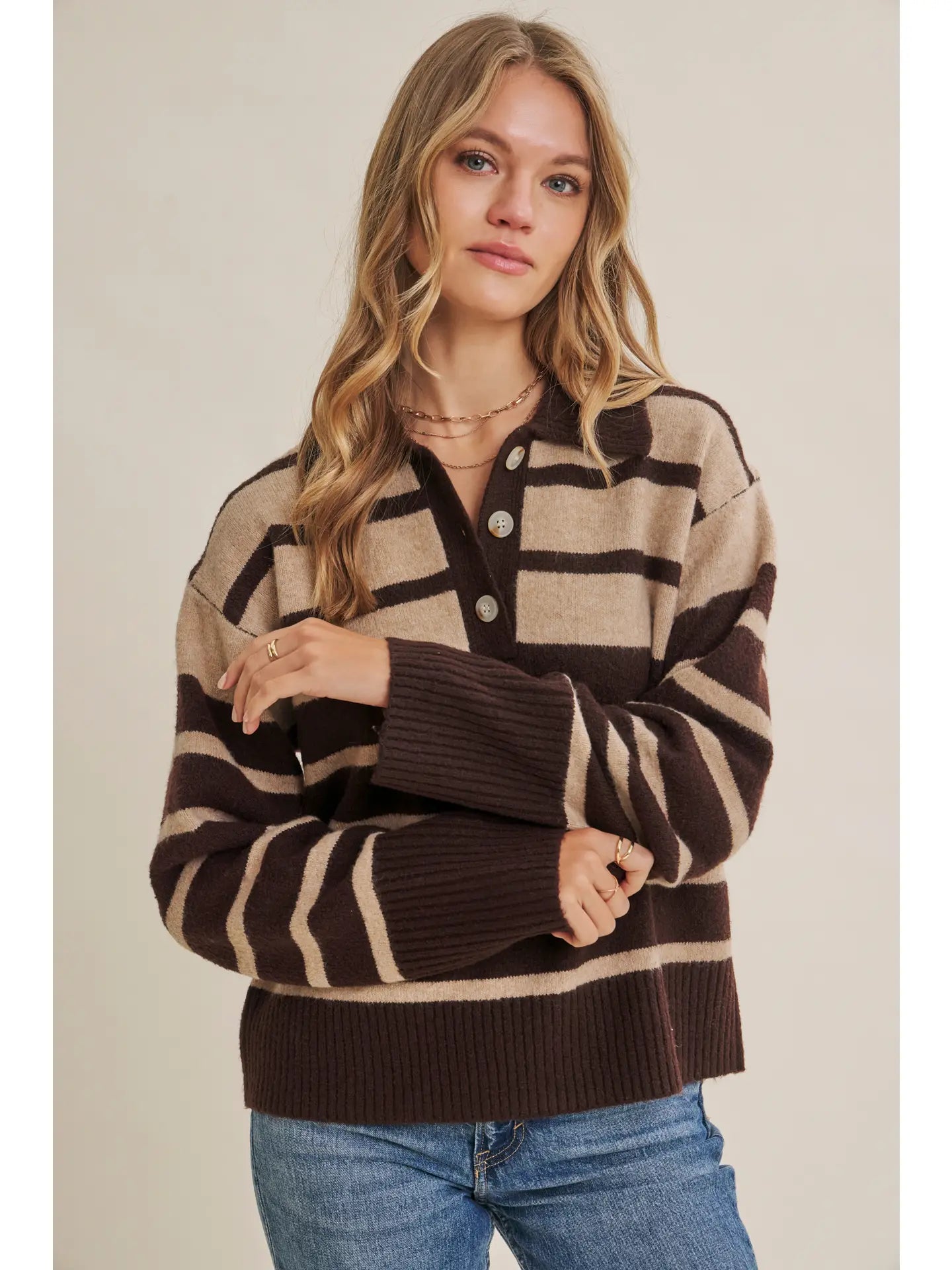 Brown Striped Henley Sweater Pullover