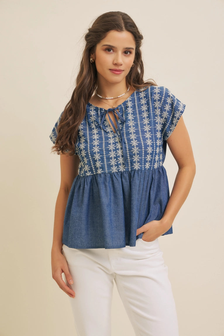 Embroidered Babydoll Denim Blouse