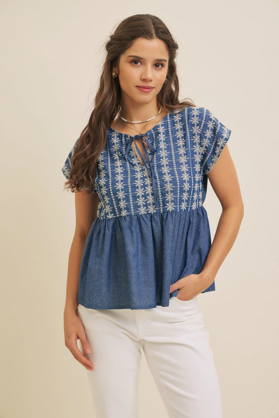 Embroidered Babydoll Denim Blouse