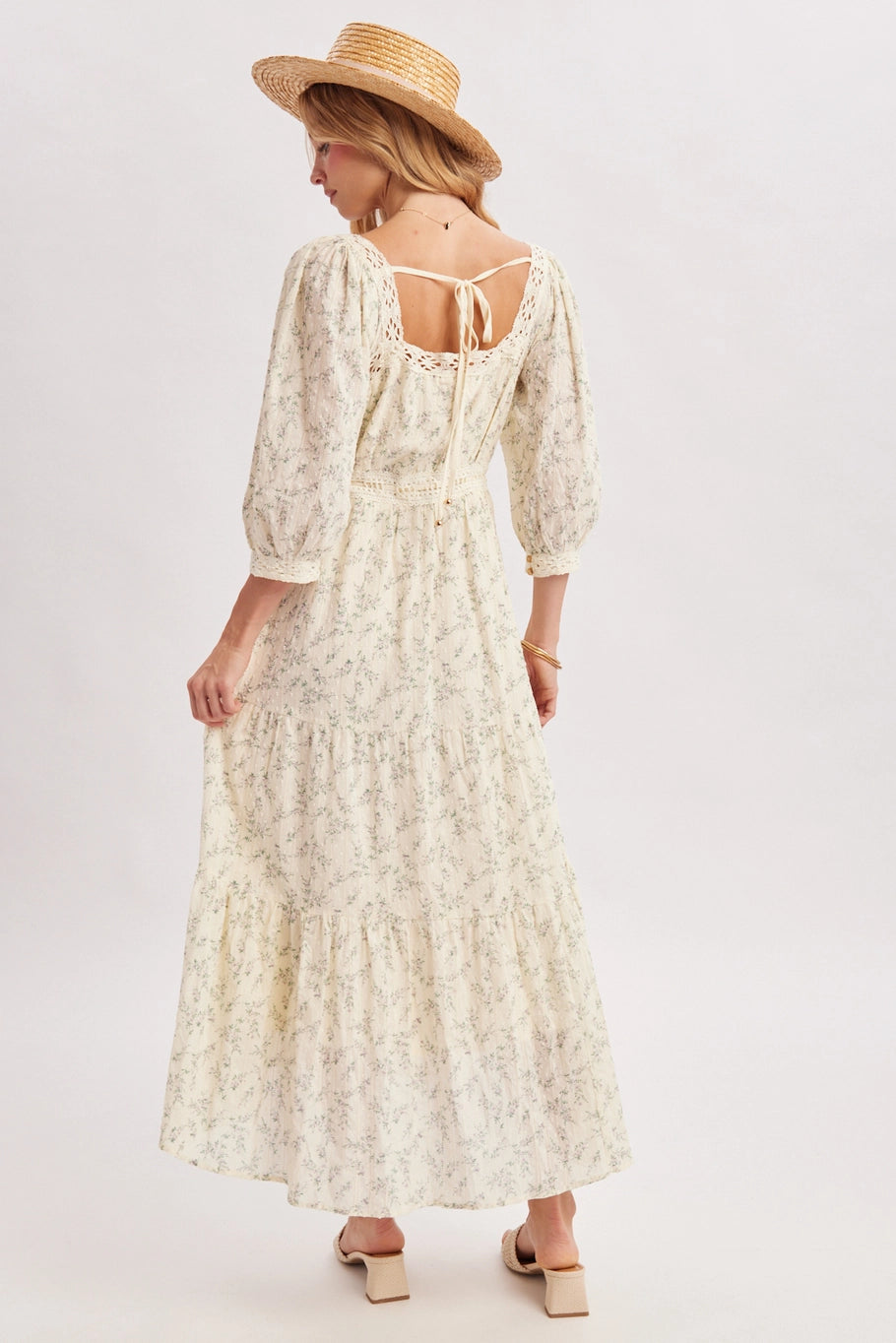 Floral Print Lace Trimmed Square Neck Maxi Dress