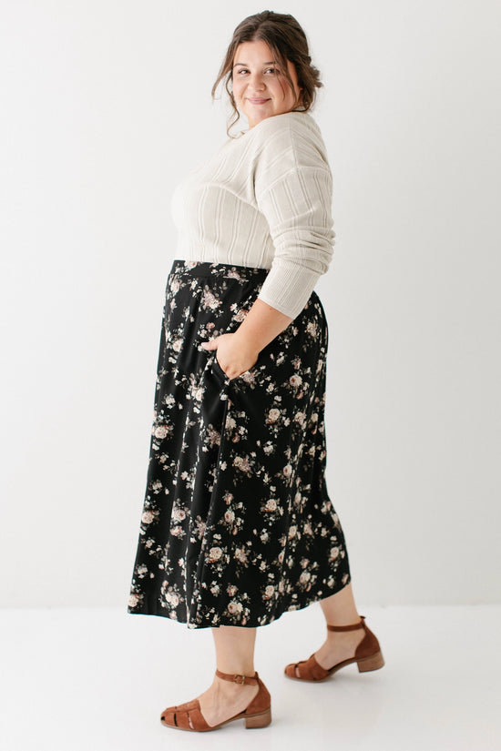 Black Floral Print Midi Skirt