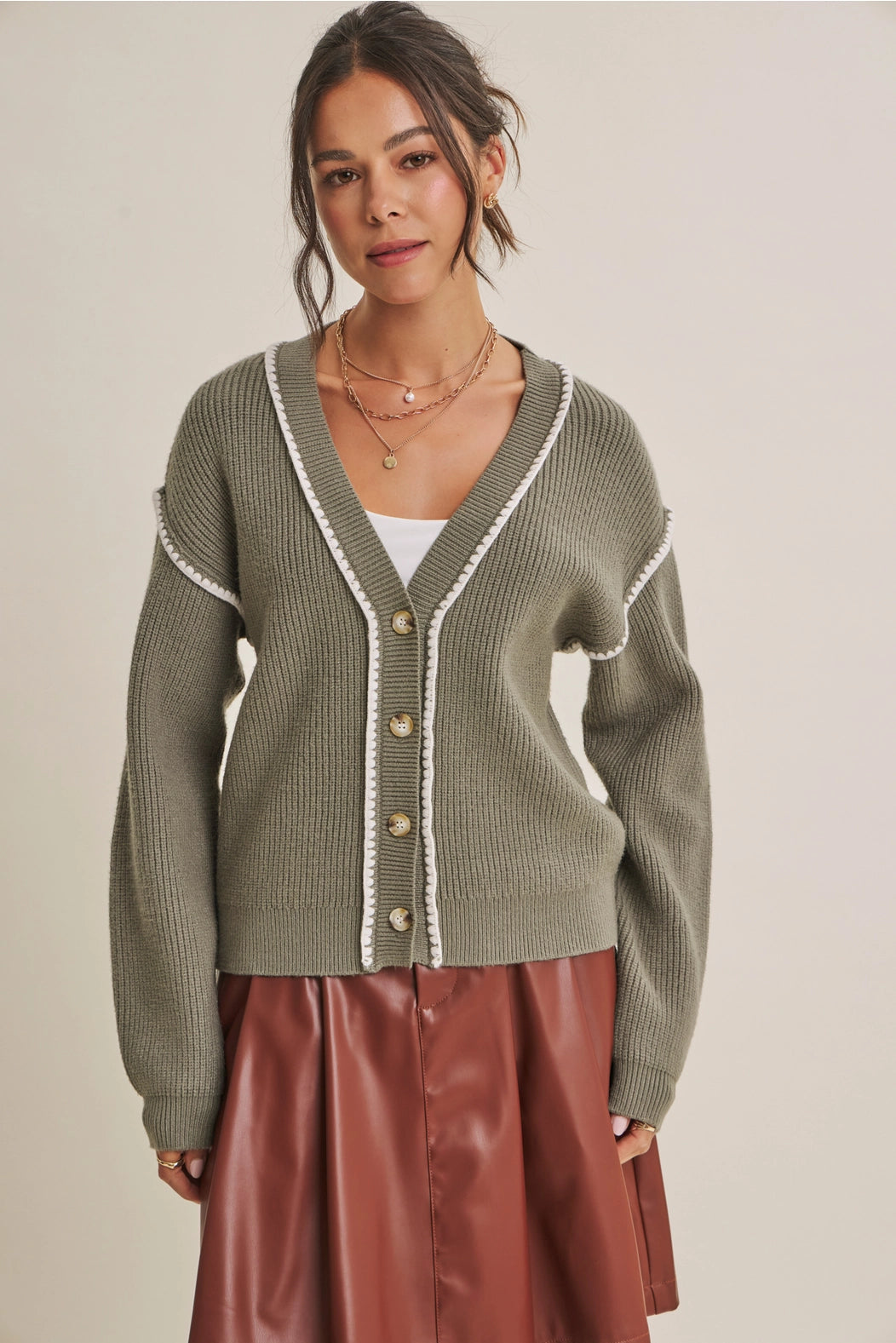 Contrast Stitch Button-Down Cardigan | Matcha