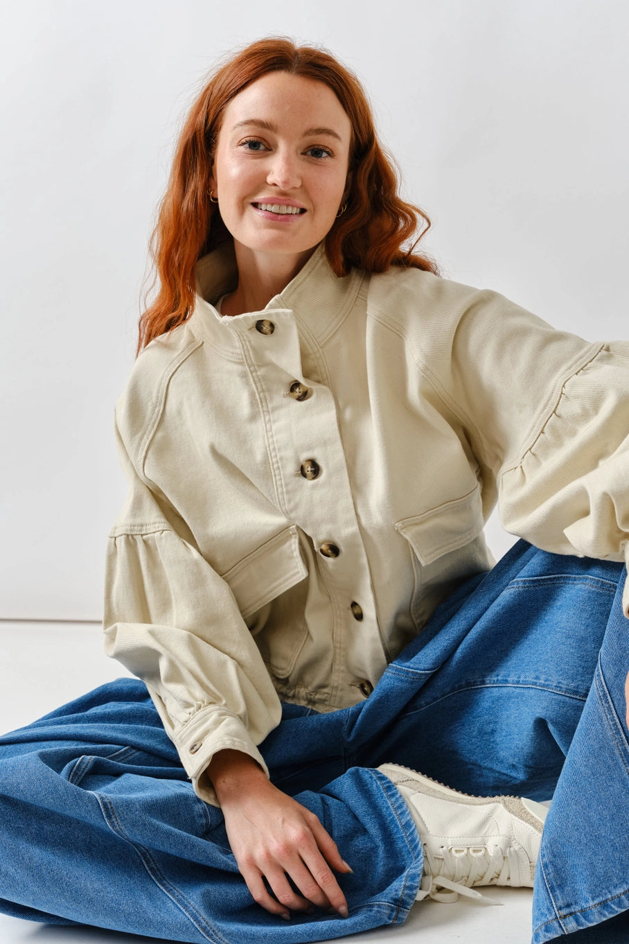 Balloon Sleeve Twill Drawstring Jacket