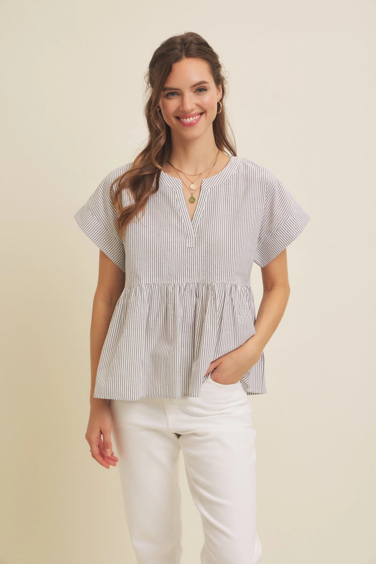 Split Neck Stripe Peplum Top
