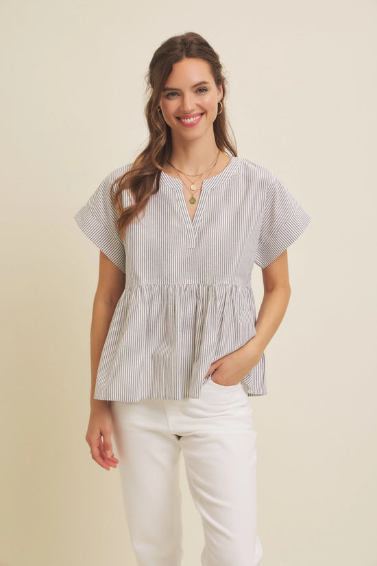 Split Neck Stripe Peplum Top