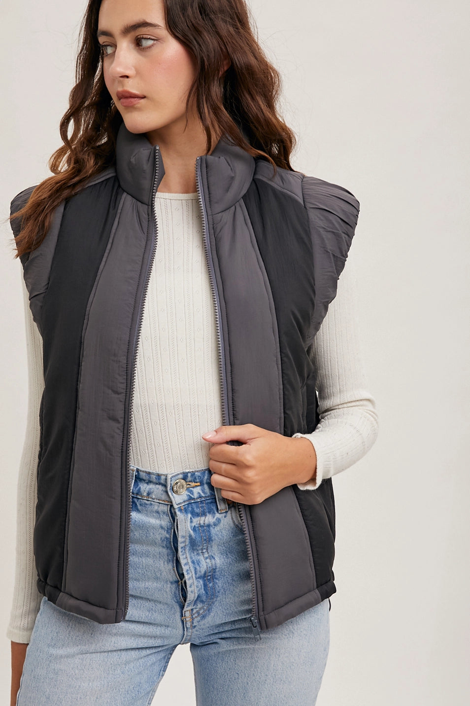 Contrast Puffer Zipper Down Vest | Ash