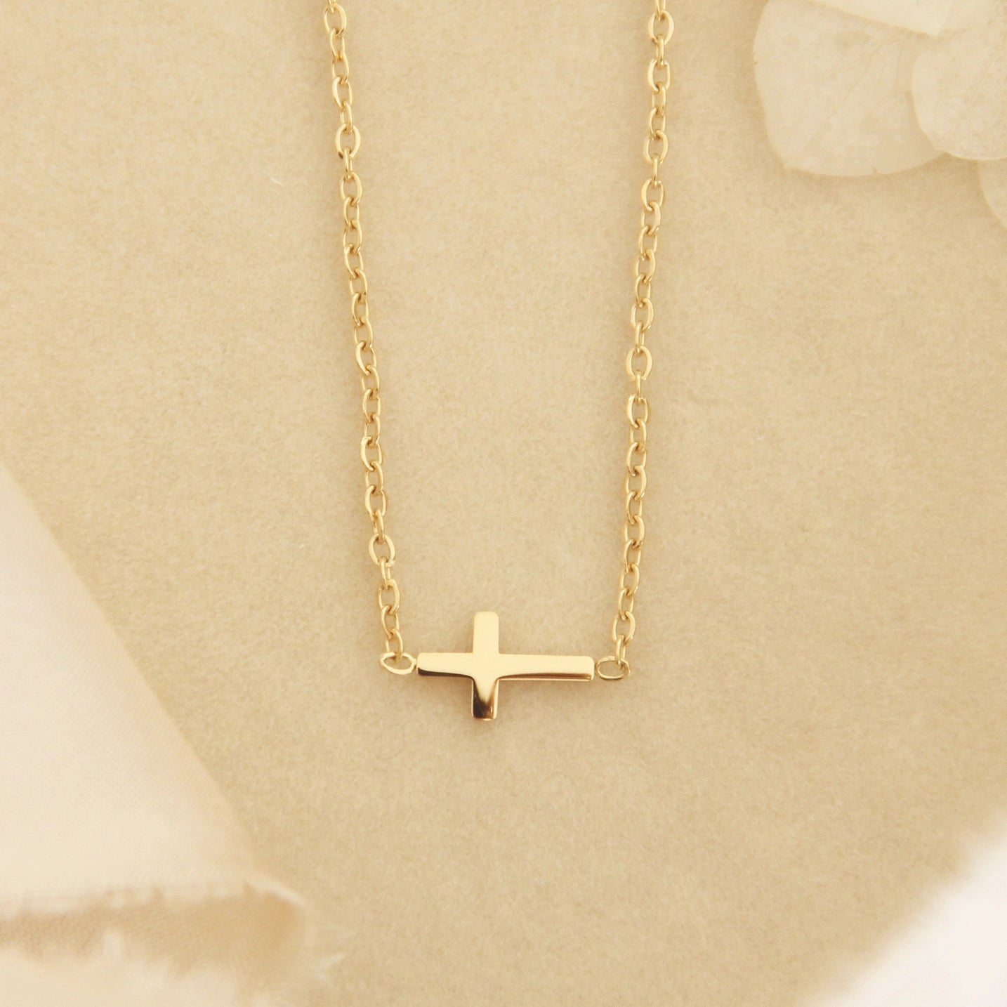 Dainty Sideways Cross Necklace | Multiple Metal Colors