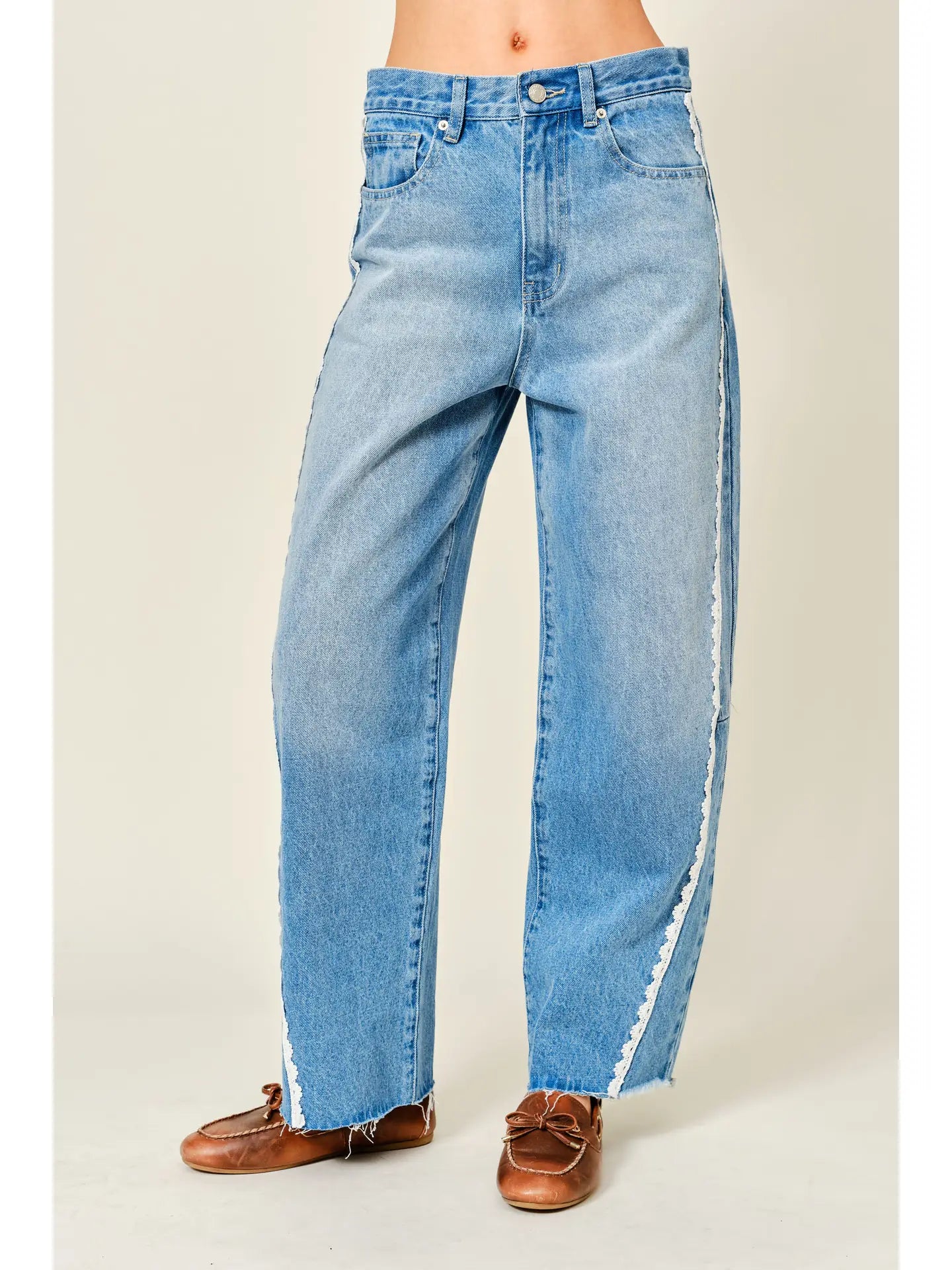 Lace Detail Barrel Denim Pants