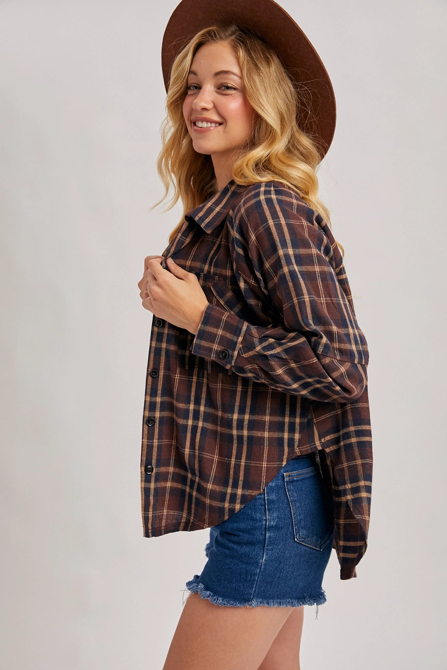 Button Down Dolphin Hem Plaid Shirt