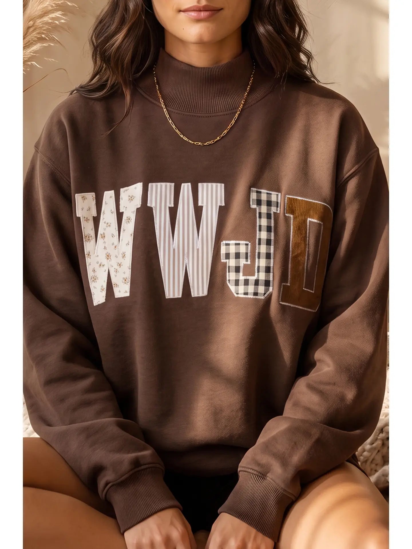 WWJD Embroidered Patch Mock Neck Sweatshirt - Brown