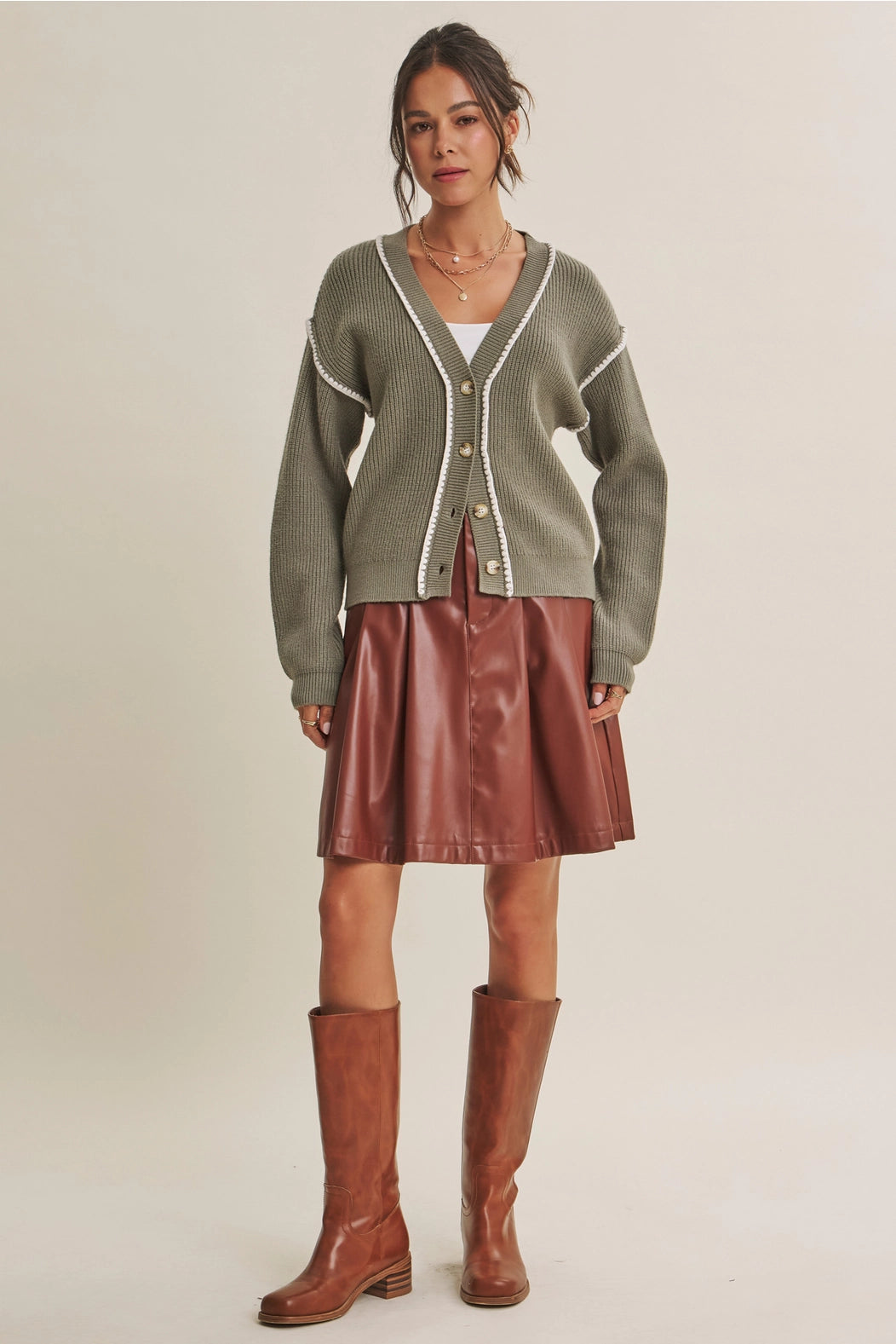 Contrast Stitch Button-Down Cardigan | Matcha