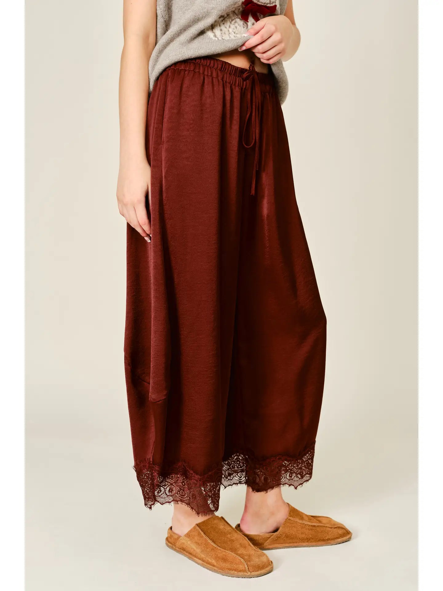 Lace Satin Drawstring Barrel Pants