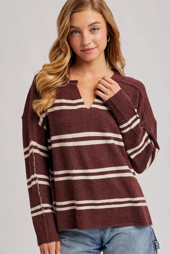 Notch-Neck Striped Knit Sweater