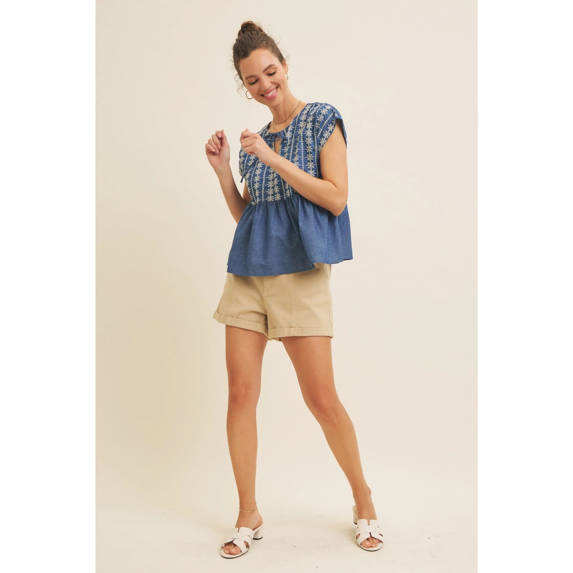 Embroidered Babydoll Denim Blouse