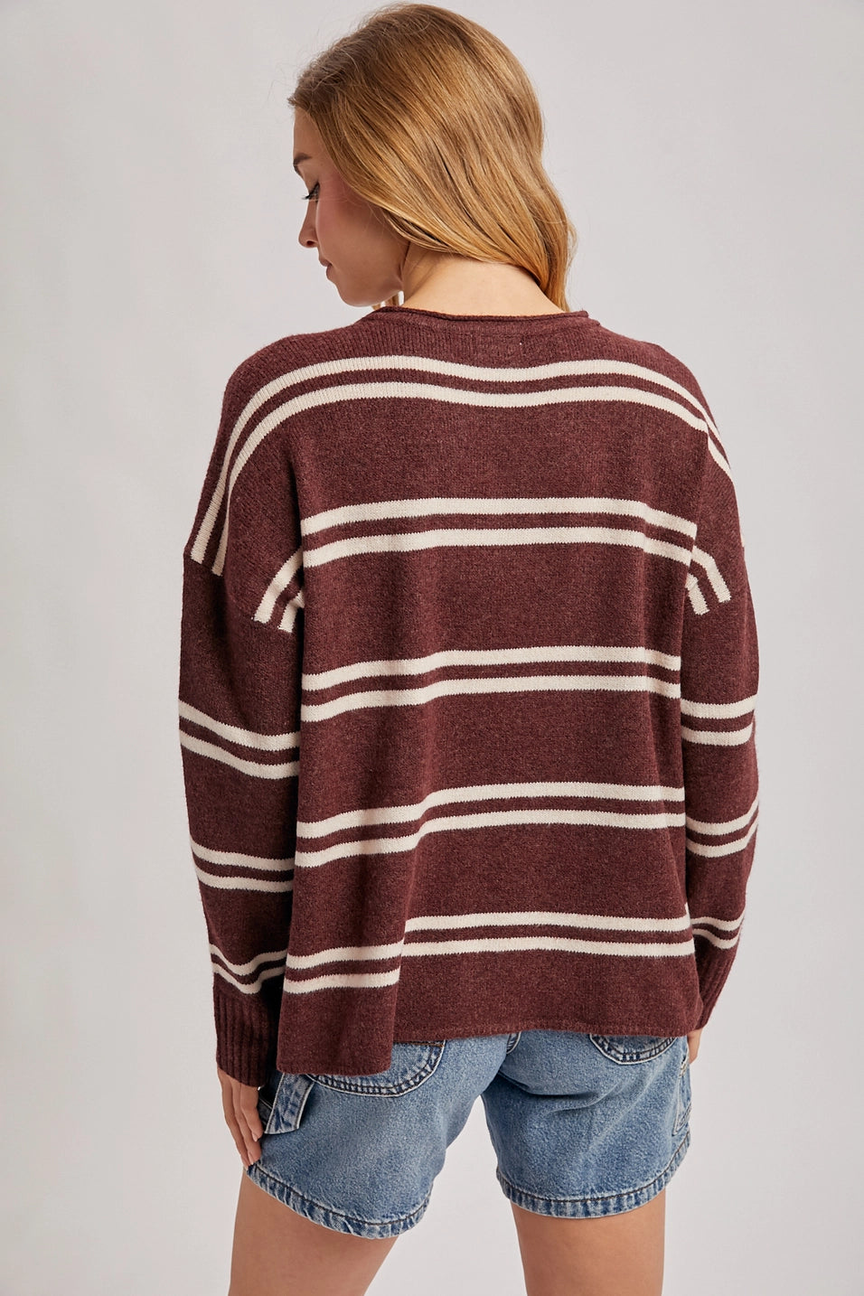 Notch-Neck Striped Knit Sweater