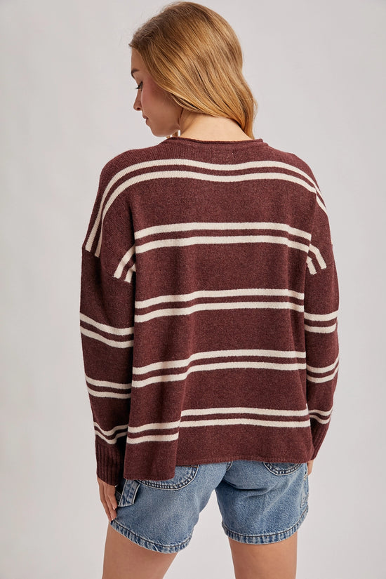 Notch-Neck Striped Knit Sweater
