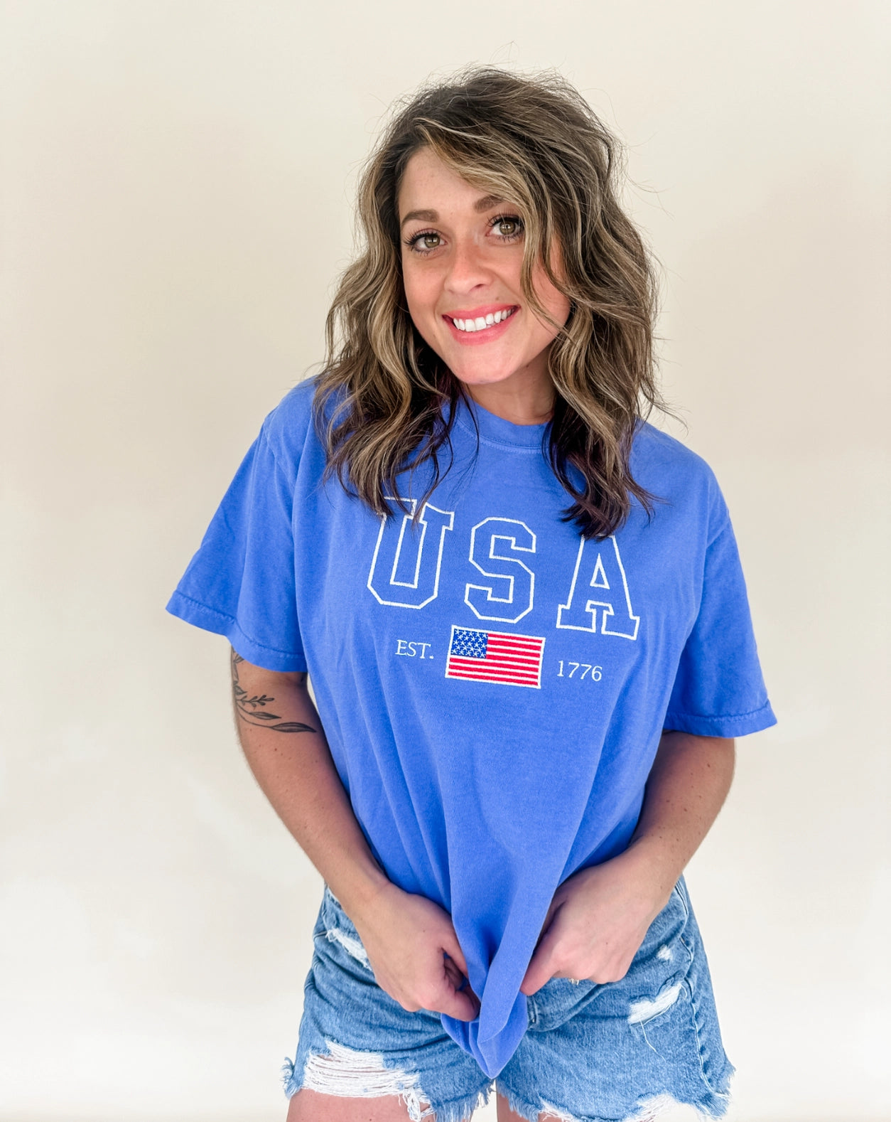 USA Embroidered T Shirt | Blue