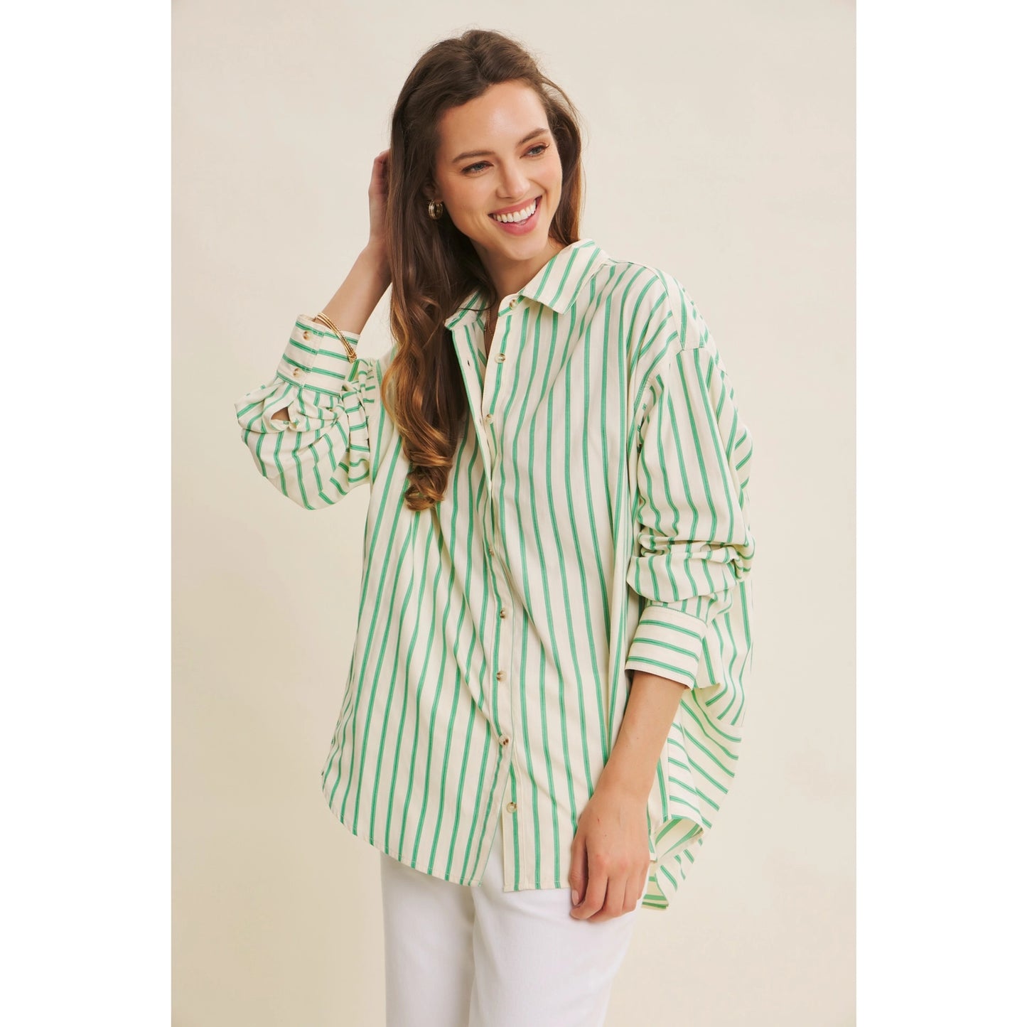 Stripe Button-Down Oversized Shirt | Green/White