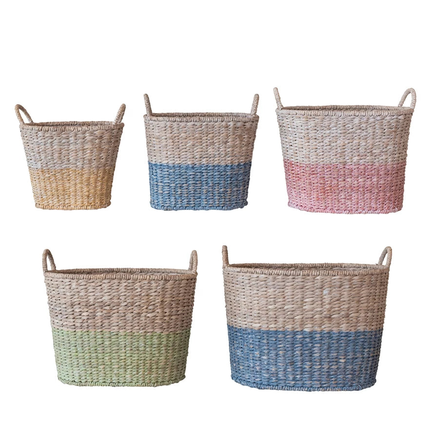 Woven Water Hyacinth & Rattan Dip Dyed Baskets w/ Handles