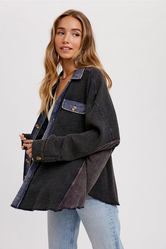 Oversized Waffle Knit Shacket - Navy