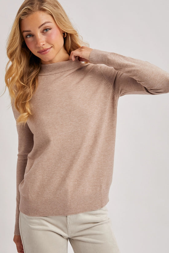 Ribbed Trim Mock Neck Knit Top | Latte