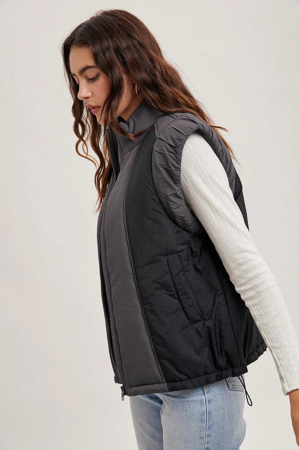 Contrast Puffer Zipper Down Vest | Ash