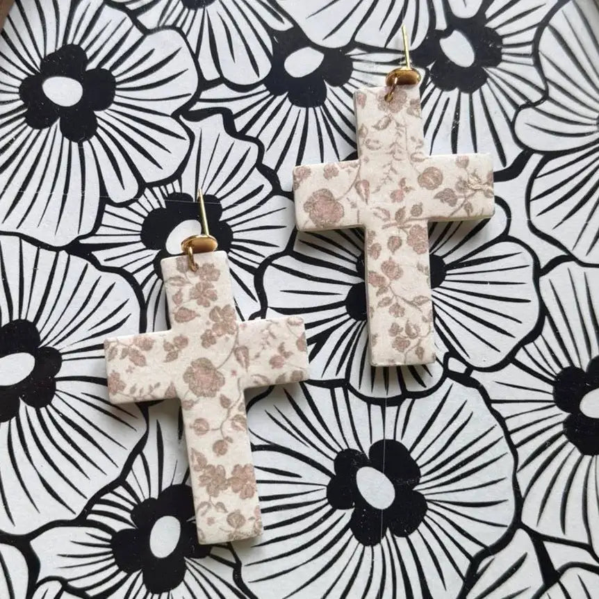 Beige Floral Cross Earrings