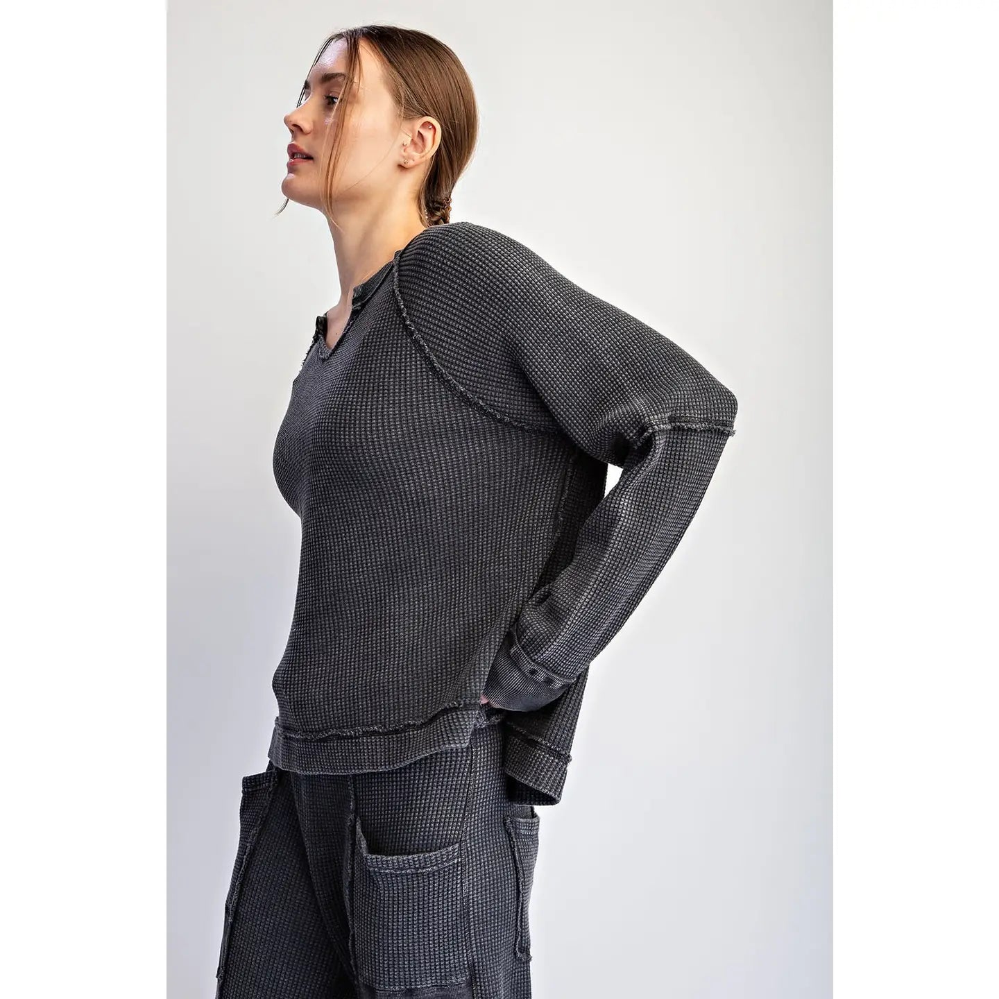 Mineral Washed Waffle Raglan Long Sleeve Top